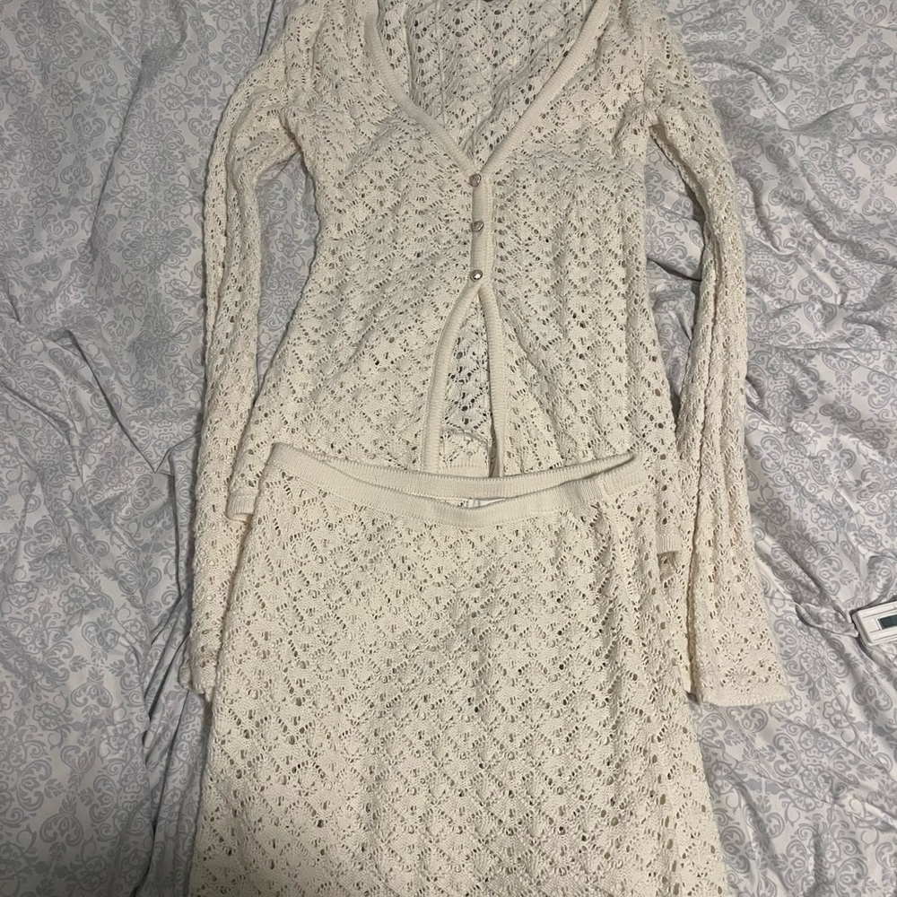 Meshki Murphy Long Sleeve Knit Shell Button Cardigan and skirt